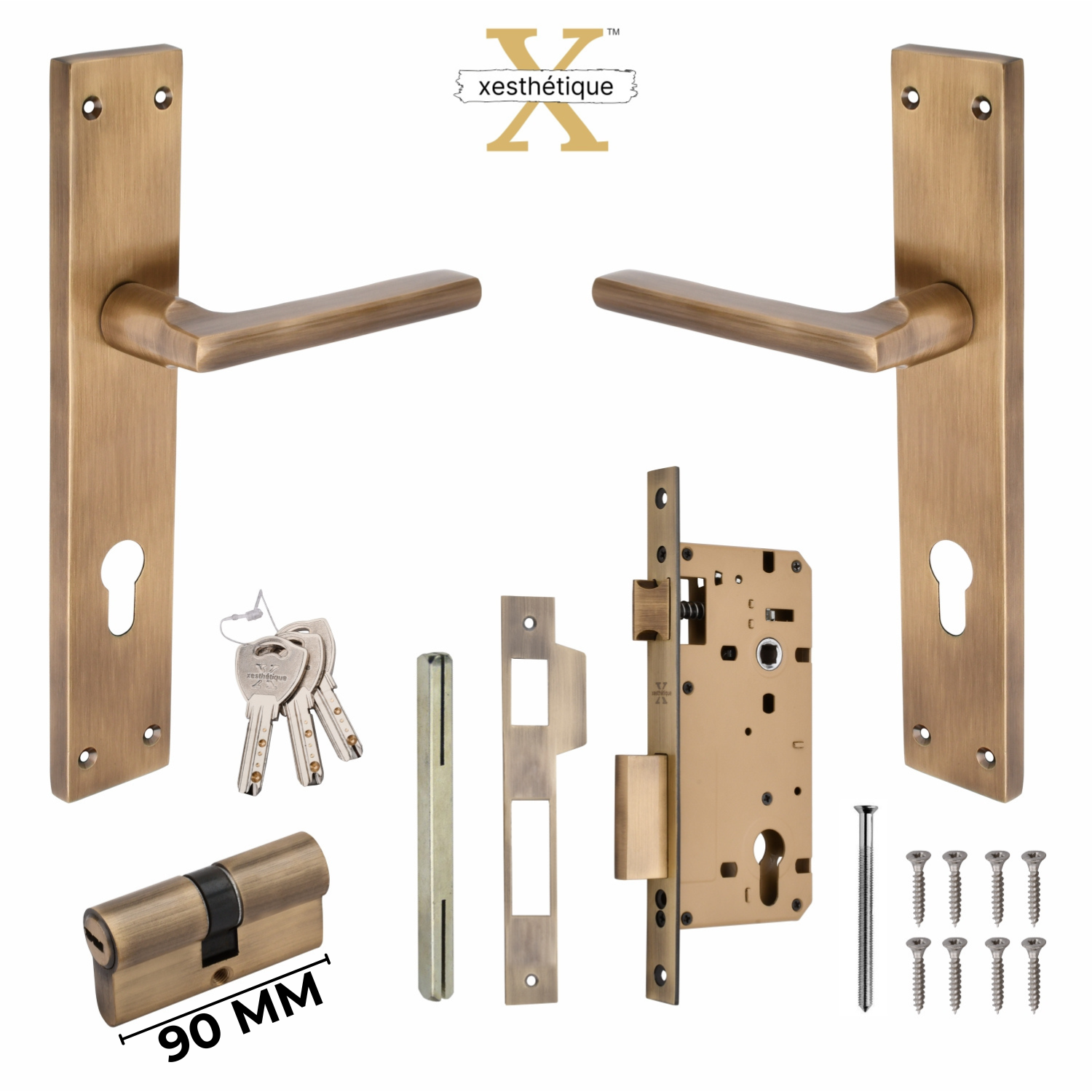 Xesthetique Premium Brass Mortise Door Lock Set – 10" Handle with Secure Both Side Ultra Key 70MM/90MM Pin Cylinder TH165