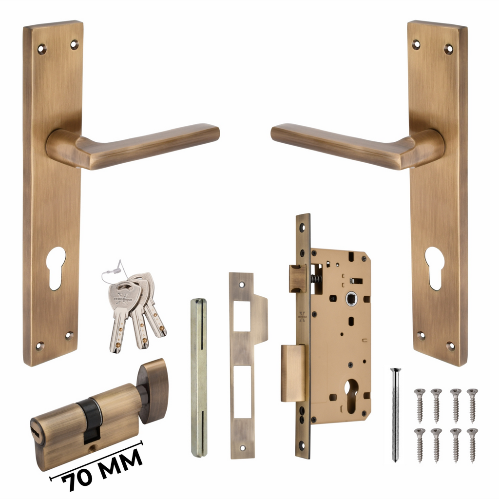 Xesthetique Premium Brass Mortise Door Lock Set – 10" Handle with Secure One Side Nobe Ultra Key 70MM/90MM Pin Cylinder TH166