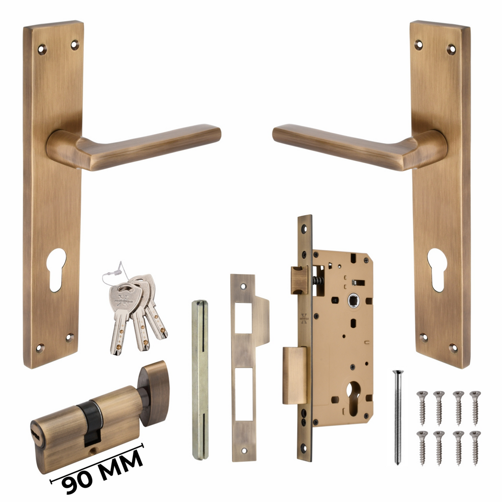 Xesthetique Premium Brass Mortise Door Lock Set – 10" Handle with Secure One Side Nobe Ultra Key 70MM/90MM Pin Cylinder TH166