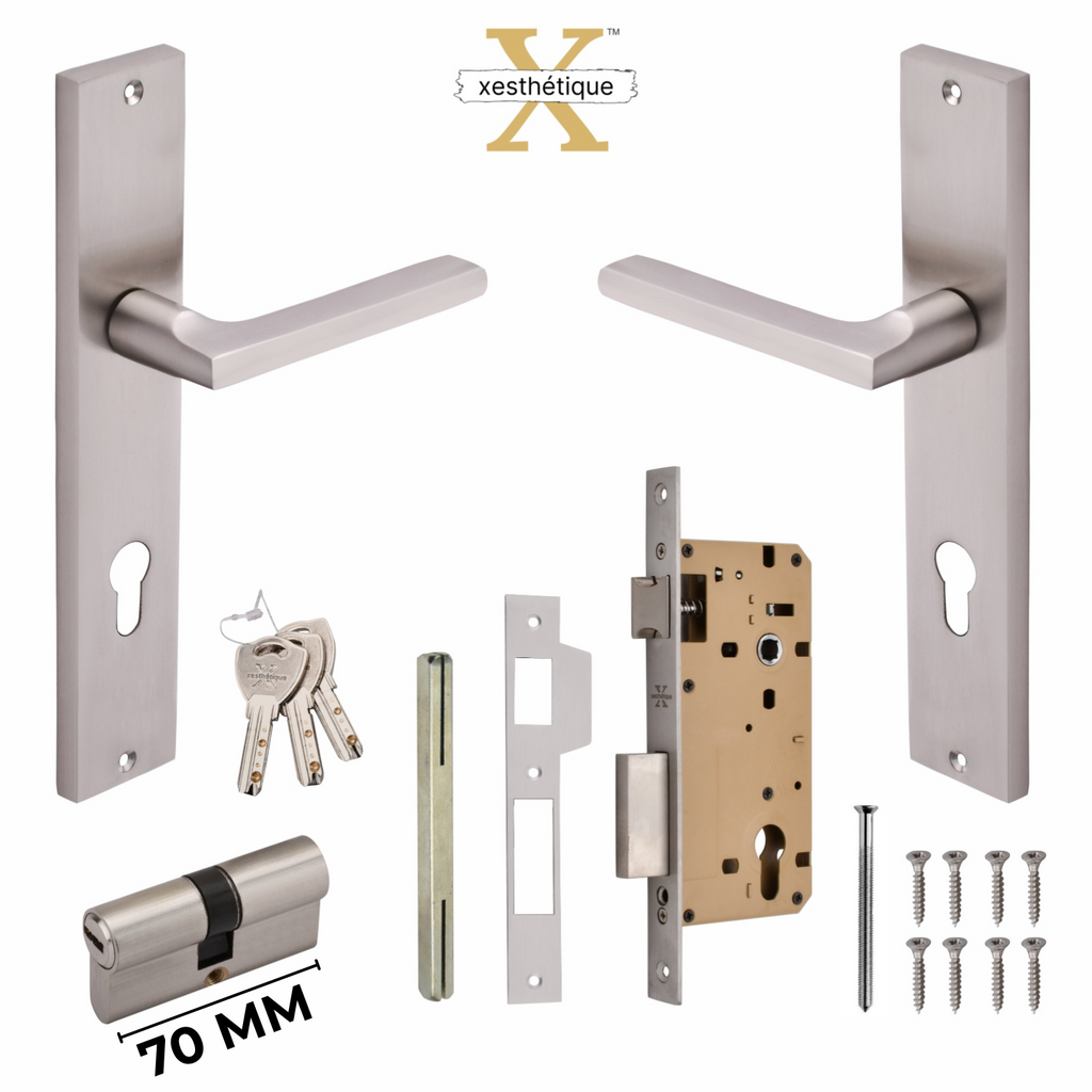 Xesthetique Premium Brass Mortise Door Lock Set – 10" Handle with Secure Both Side Ultra Key 70MM/90MM Pin Cylinder TH167