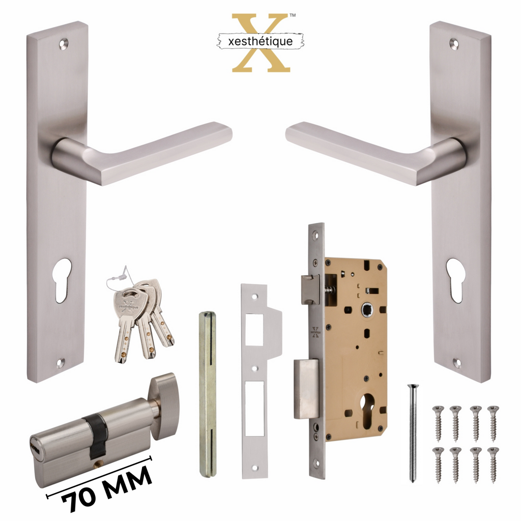 Xesthetique Premium Brass Mortise Door Lock Set – 10" Handle with Secure One Side Nobe Ultra Key 70MM/90MM Pin Cylinder TH168