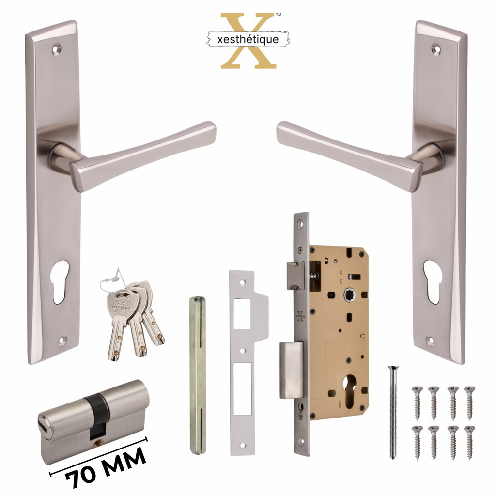 Xesthetique Premium Brass Mortise Door Lock Set – 10" Handle with Secure Both Side Ultra Key 70MM/90MM Pin Cylinder CH172