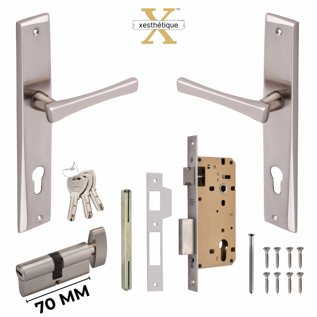Xesthetique Premium Brass Mortise Door Lock Set – 10" Handle with Secure One Side Nobe Ultra Key 70MM/90MM Pin Cylinder CH173