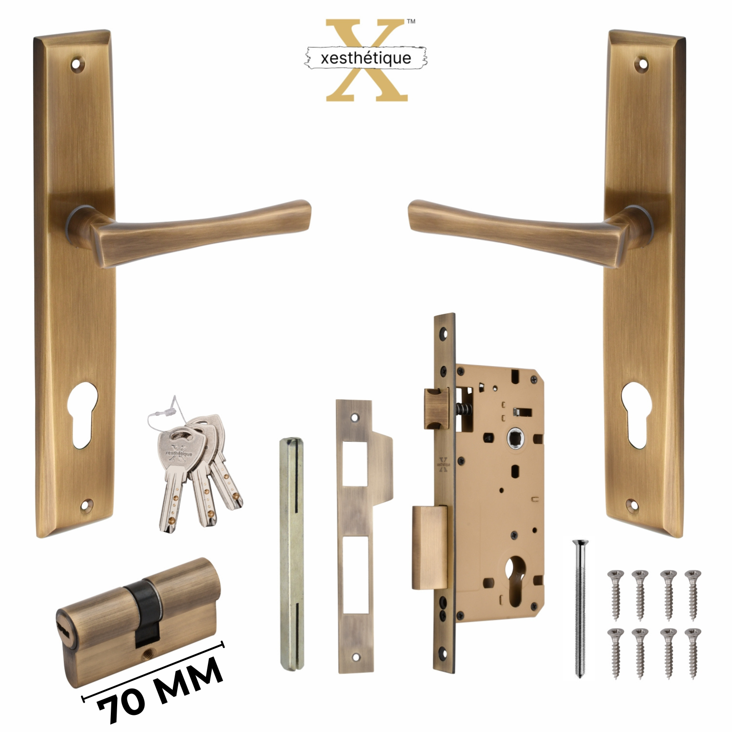 Xesthetique Premium Brass Mortise Door Lock Set – 10" Handle with Secure Both Side Ultra Key 70MM/90MM Pin Cylinder CH170
