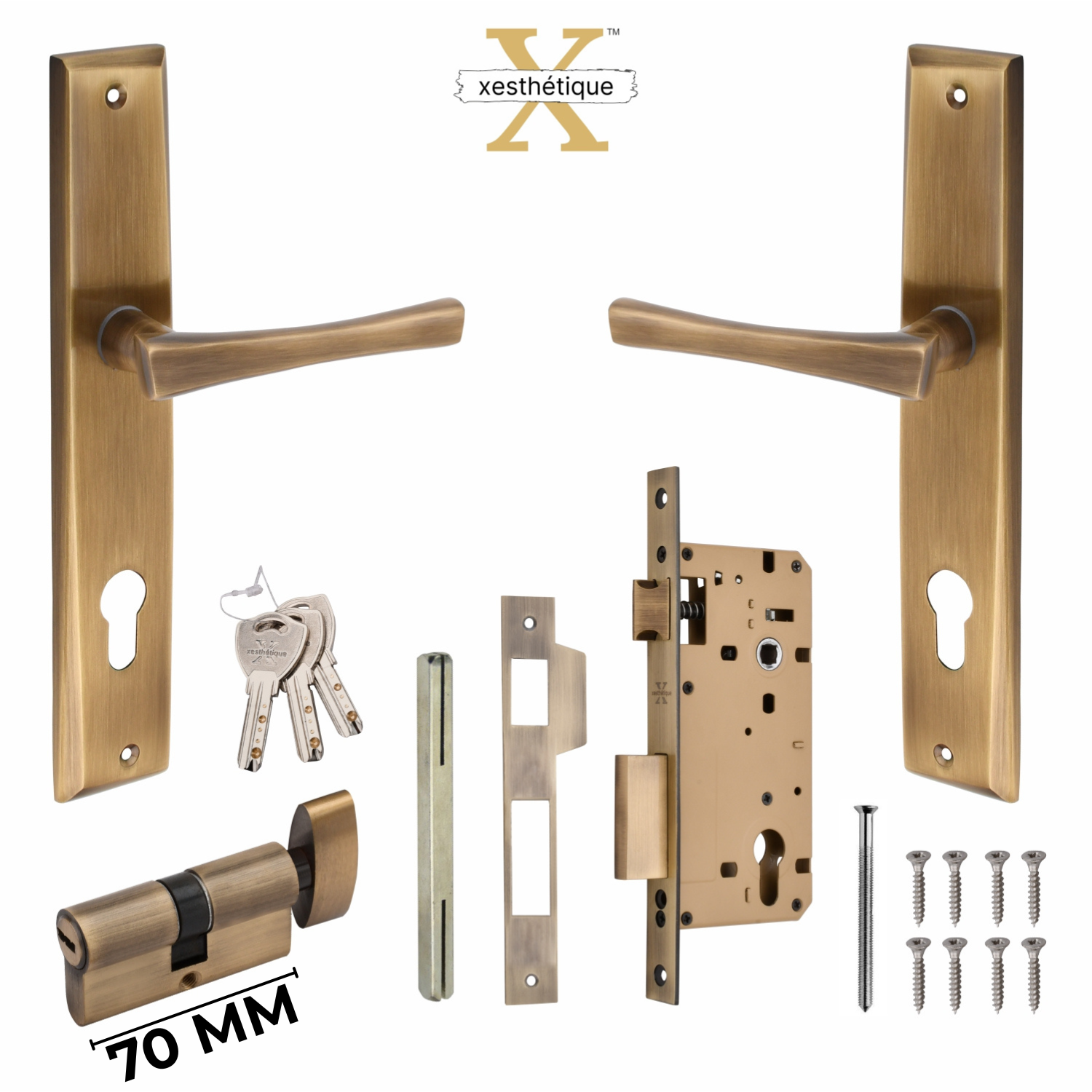 Xesthetique Premium Brass Mortise Door Lock Set – 10" Handle with Secure One Side Nobe Ultra Key 70MM/90MM Pin Cylinder CH171