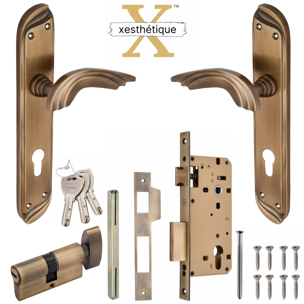 Xesthetique Premium Brass Mortise Door Lock Set – 10" Handle with Secure Both Side Ultra Key/ One Side Nobe Ultra Key Cylinder ALI174