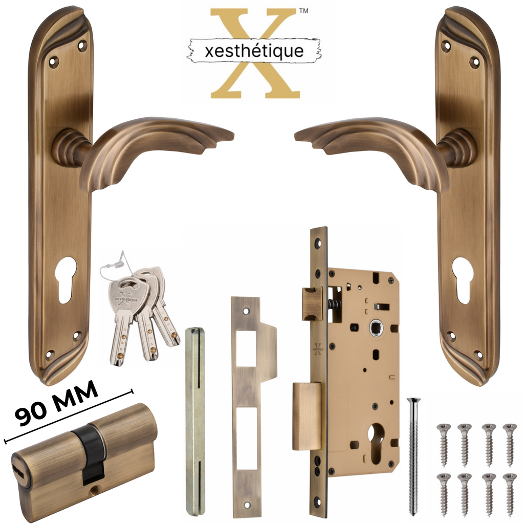 Xesthetique Premium Brass Mortise Door Lock Set – 10" Handle with Secure Both Side Ultra Key 70MM/90MM Pin Cylinder ALI175