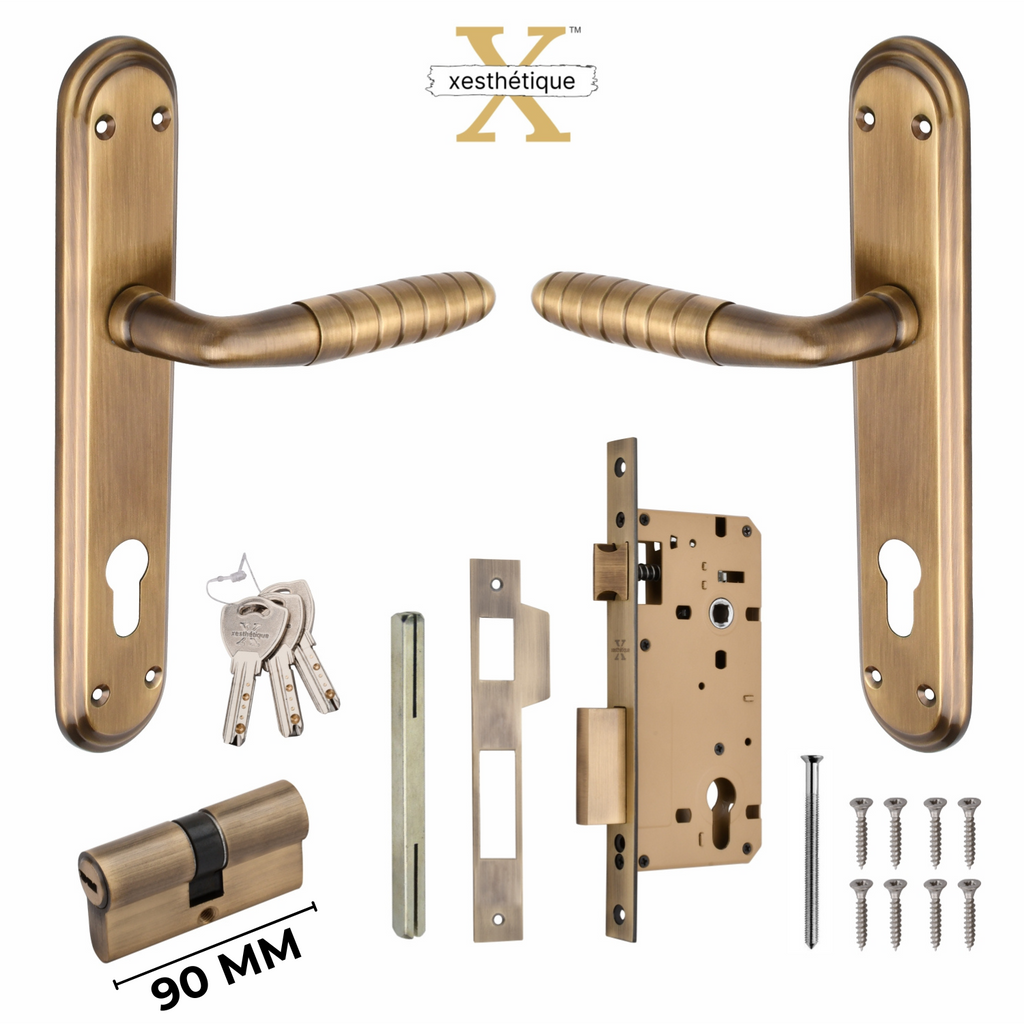 Xesthetique Premium Brass Mortise Door Lock Set – 10" Handle with Secure Both Side Ultra Key 70MM/90MM Pin Cylinder PR179