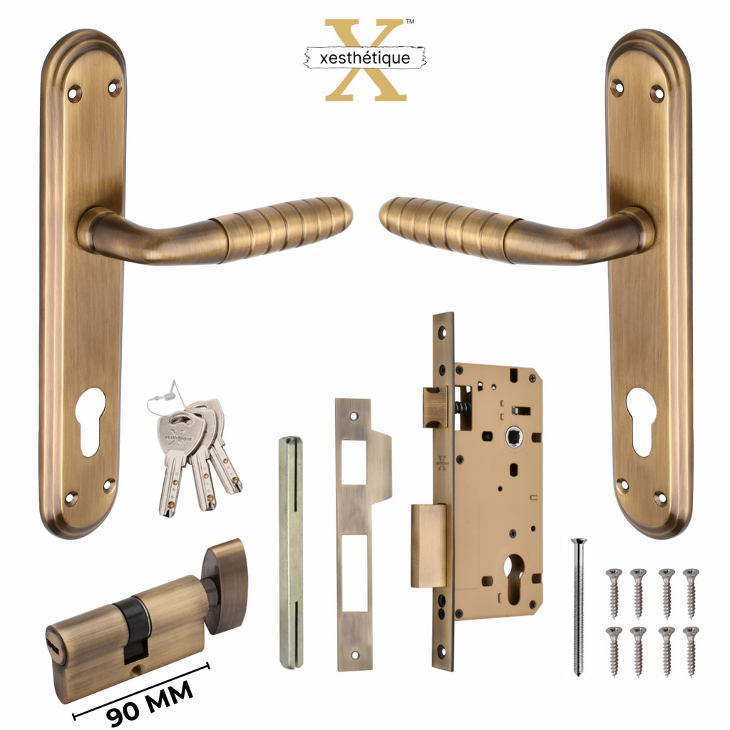 Xesthetique Premium Brass Mortise Door Lock Set – 10" Handle with Secure One Side Nobe Ultra Key 70MM/90MM Pin Cylinder PR180