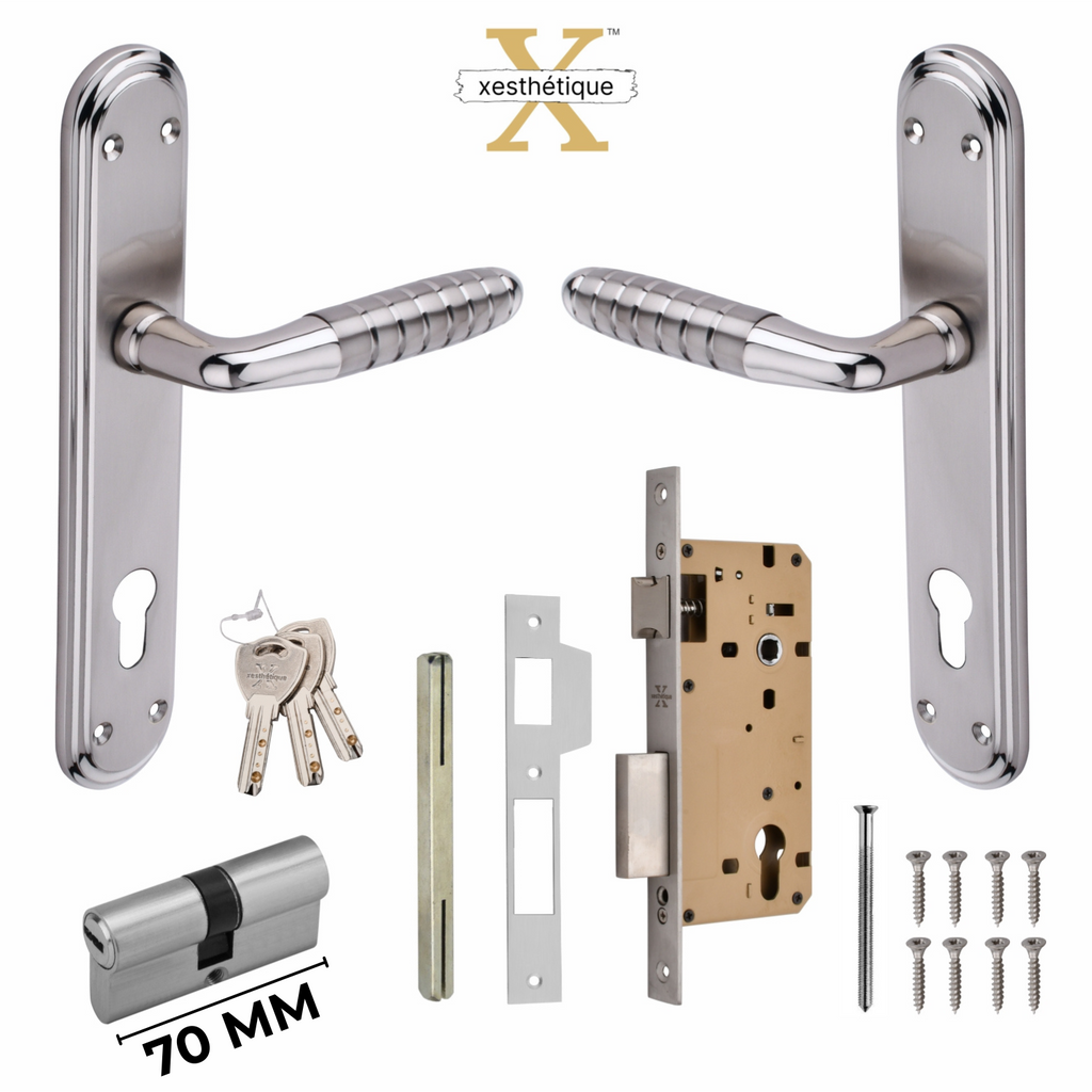 Xesthetique Premium Brass Mortise Door Lock Set – 10" Handle with Secure Both Side Ultra Key 70MM/90MM Pin Cylinder PR181