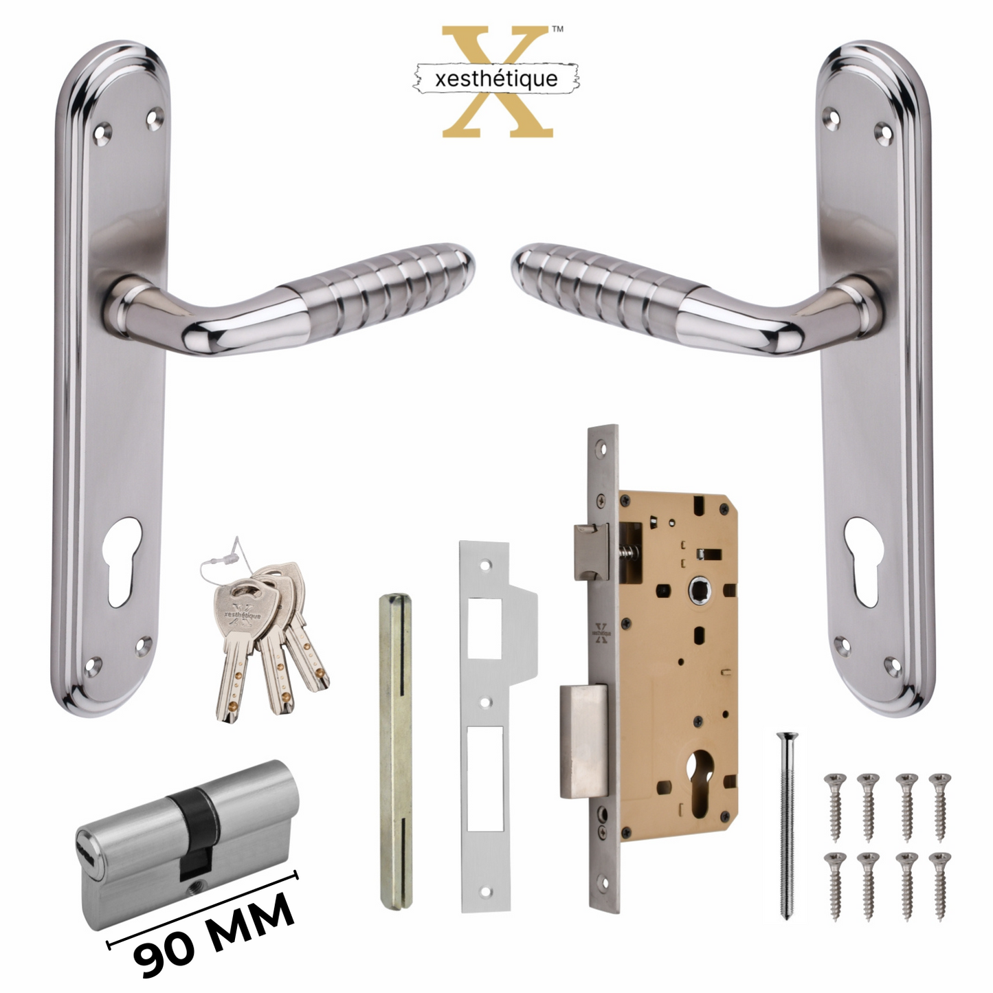 Xesthetique Premium Brass Mortise Door Lock Set – 10" Handle with Secure Both Side Ultra Key 70MM/90MM Pin Cylinder PR181