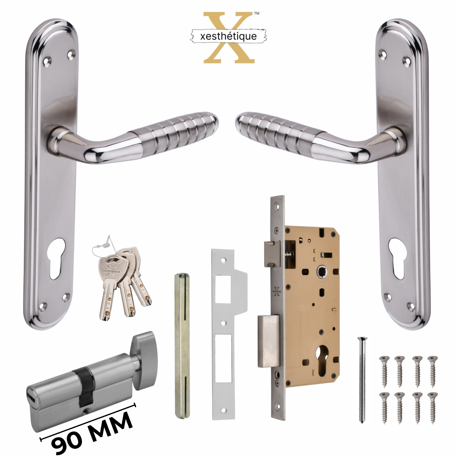 Xesthetique Premium Brass Mortise Door Lock Set – 10" Handle with Secure One Side Nobe Ultra Key 70MM/90MM Pin Cylinder PR182