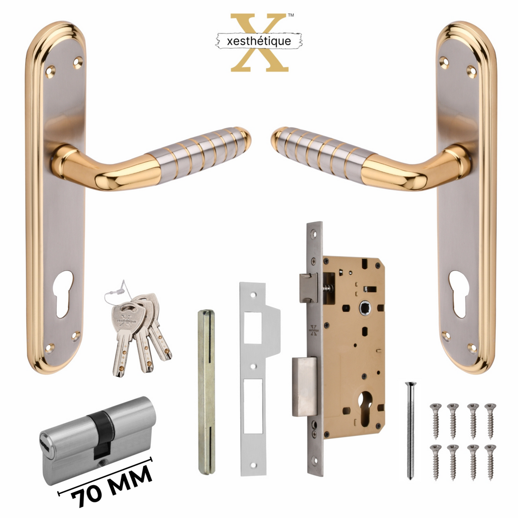 Xesthetique Premium Brass Mortise Door Lock Set – 10" Handle with Secure Both Side Ultra Key 70MM/90MM Pin Cylinder PR183