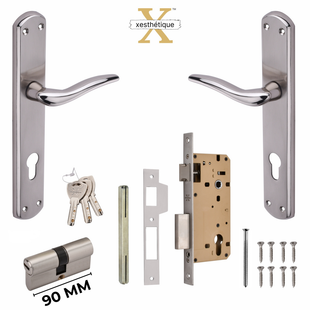 Xesthetique Premium Brass Mortise Door Lock Set – 10" Handle with Secure Both Side Ultra Key 70MM/90MM Pin Cylinder FAU111