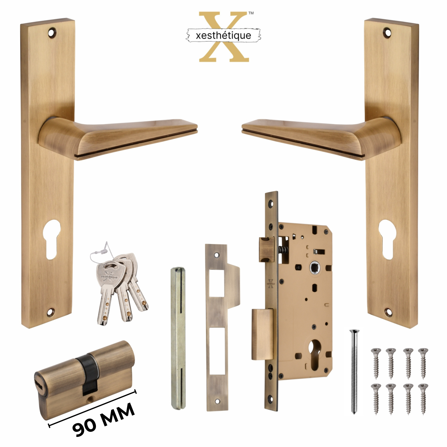 Xesthetique Premium Brass Mortise Door Lock Set – 10" Handle with Secure Both Side Ultra Key 70MM/90MM Pin Cylinder ME44
