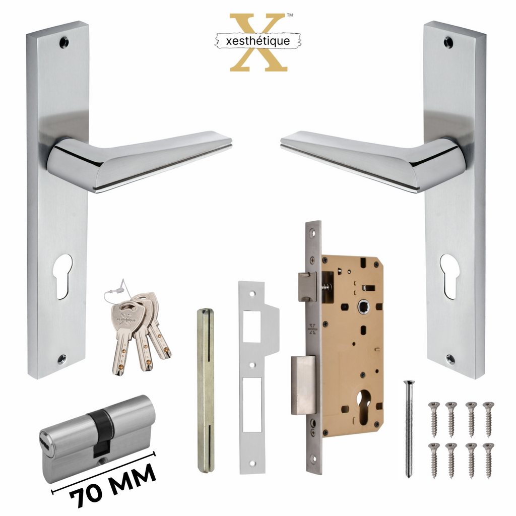 Xesthetique Premium Brass Mortise Door Lock Set – 10" Handle with Secure Both Side Ultra Key 70MM/90MM Pin Cylinder ME45