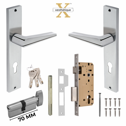 Xesthetique Premium Brass Mortise Door Lock Set – 10" Handle with Secure One Side Nobe Ultra Key 70MM/90MM Pin Cylinder ME47