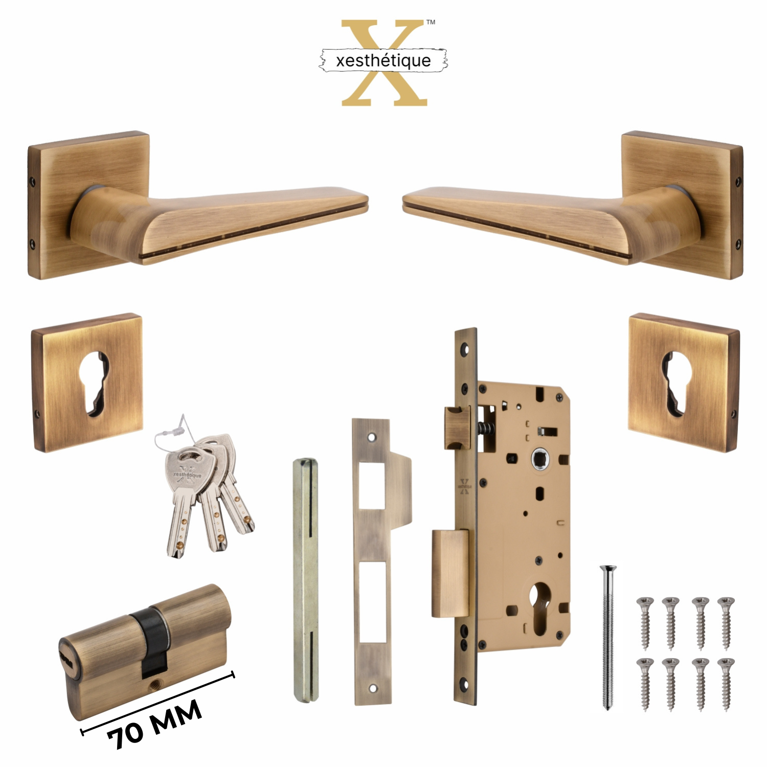 Xesthetique Premium Brass Rose Door Lock Set – 10" Handle with Secure Both Side Ultra Key 70MM/90MM Pin Cylinder ME50