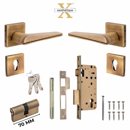 Xesthetique Premium Brass Rose Door Lock Set – 10" Handle with Secure Both Side Ultra Key 70MM/90MM Pin Cylinder ME50