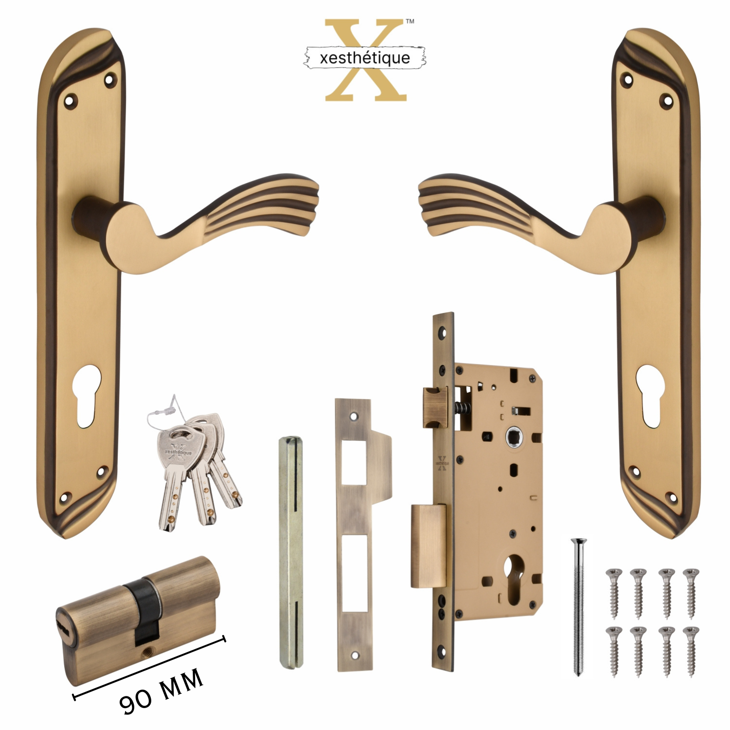 Xesthetique Vintage Brass Mortise Door Lock Set – 10" Handle with Secure Both Side Ultra Key 70MM/90MM Pin Cylinder HU27