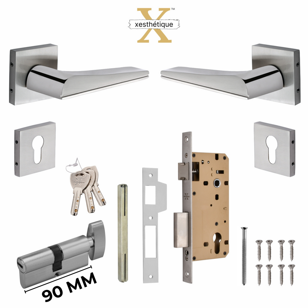 Xesthetique Premium Brass Rose Door Lock Set – 10" Handle with Secure One Side Nobe Ultra Key 70MM/90MM Pin Cylinder ME53