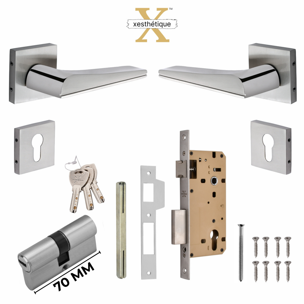 Xesthetique Premium Brass Rose Door Lock Set – 10" Handle with Secure Both Side Ultra Key 70MM/90MM Pin Cylinder ME52