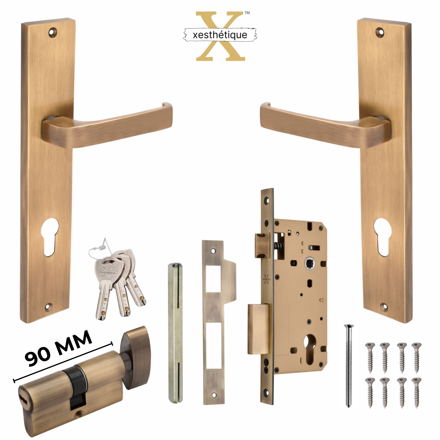 Xesthetique Premium Brass Mortise Door Lock Set – 10" Handle with Secure One Side Nobe Ultra Key 70MM/90MM Pin Cylinder CA57