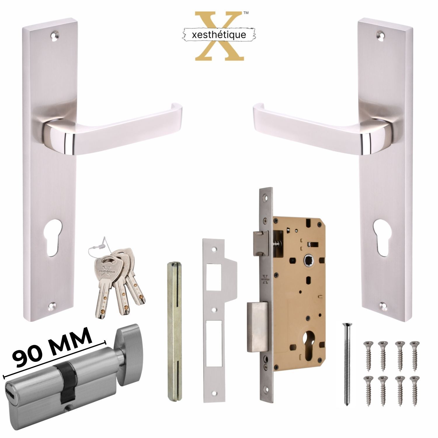 Xesthetique Premium Brass Mortise Door Lock Set – 10" Handle with Secure One Side Nobe Ultra Key 70MM/90MM Pin Cylinder CA59