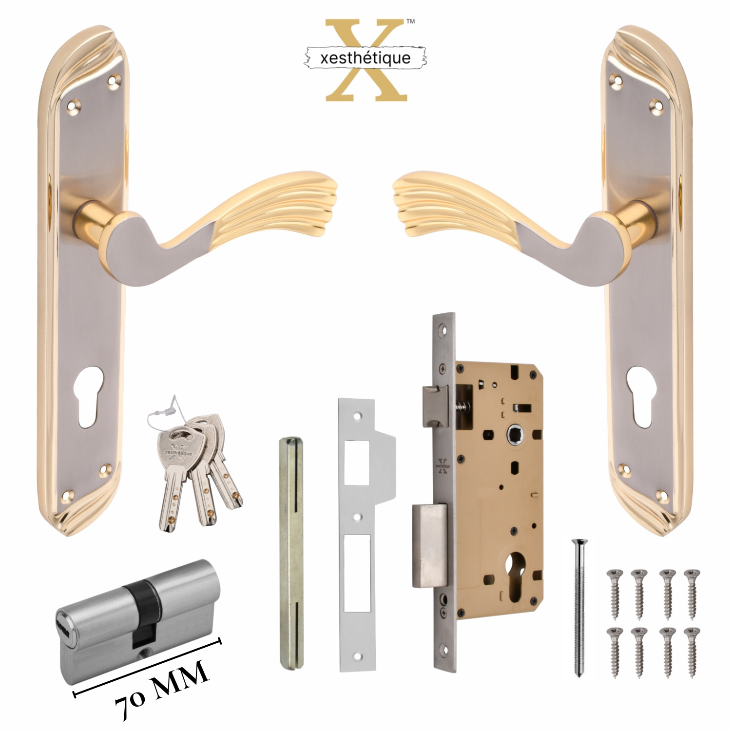 Xesthetique Vintage Brass Mortise Door Lock Set – 10" Handle with Secure Both Side Ultra Key 70MM/90MM Pin Cylinder HU28
