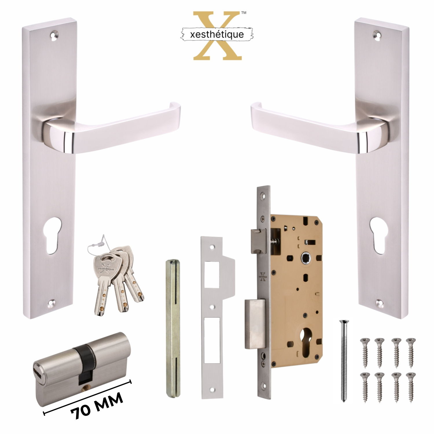 Xesthetique Premium Brass Mortise Door Lock Set – 10" Handle with Secure Both Side Ultra Key 70MM/90MM Pin Cylinder CA58