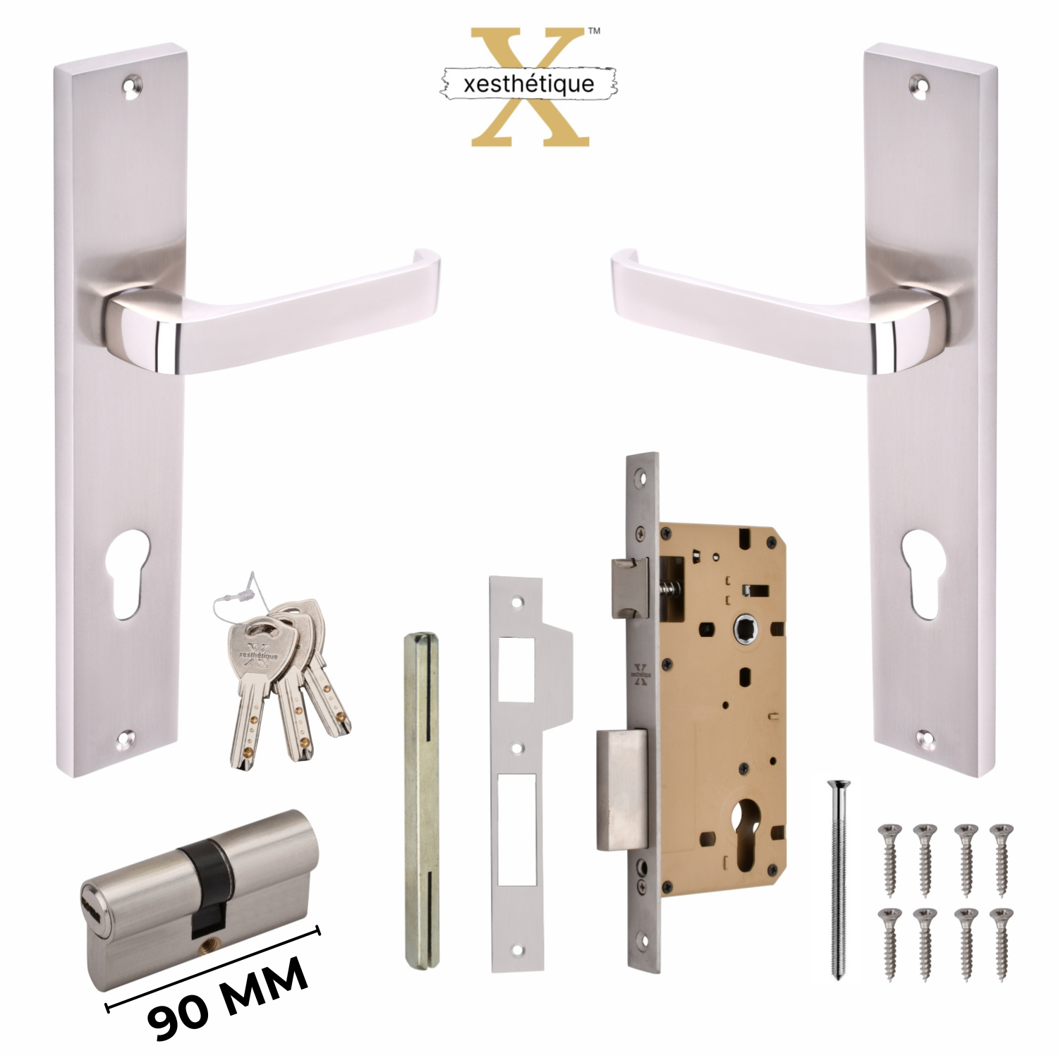 Xesthetique Premium Brass Mortise Door Lock Set – 10" Handle with Secure Both Side Ultra Key 70MM/90MM Pin Cylinder CA58