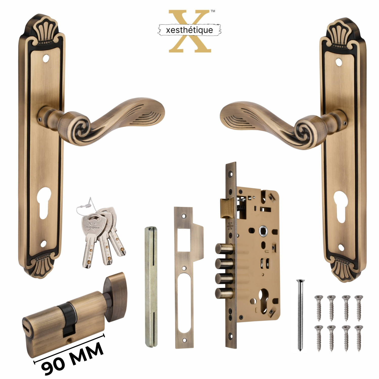 Xesthetique Vintage Brass Mortise Door Lock Set – 11" Handle with Secure 4 Bullet Lock One Side Nobe Ultra Key 70MM/90MM Pin Cylinder AT64