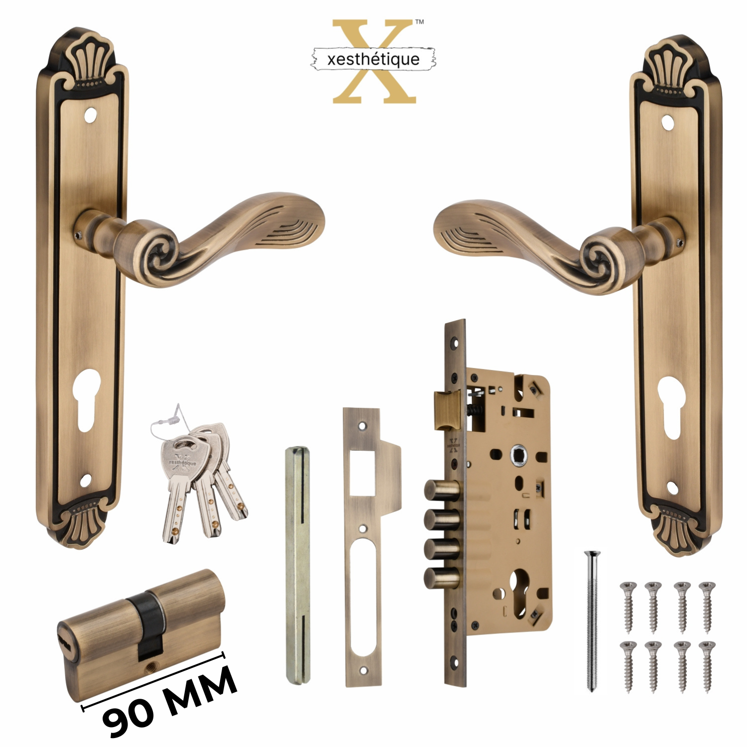 Xesthetique Vintage Brass Mortise Door Lock Set – 11" Handle with Secure 4 Bullet Lock Both Side Ultra Key 70MM/90MM Pin Cylinder AT63