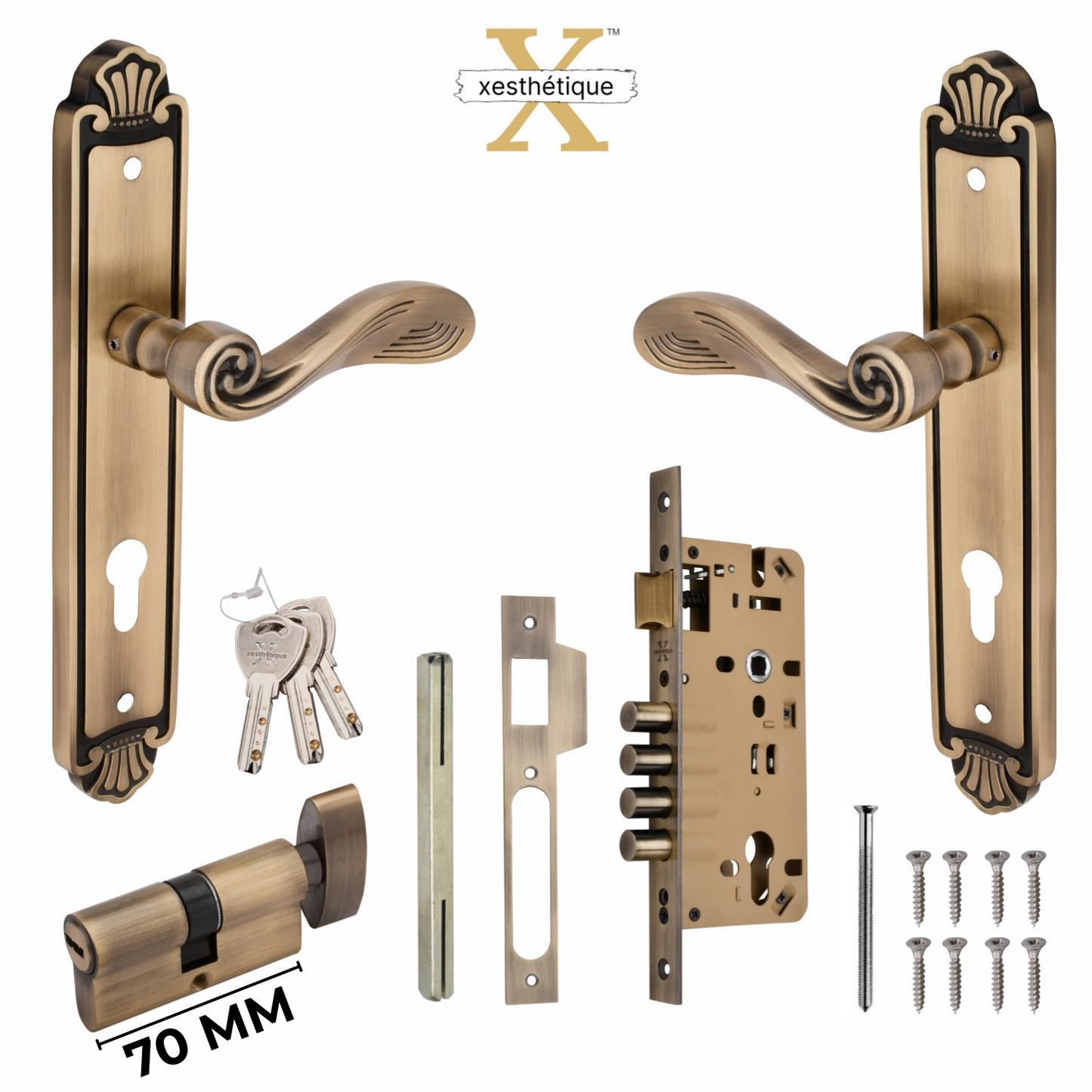 Xesthetique Vintage Brass Mortise Door Lock Set – 11" Handle with Secure 4 Bullet Lock One Side Nobe Ultra Key 70MM/90MM Pin Cylinder AT64