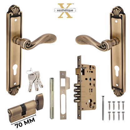 Xesthetique Vintage Brass Mortise Door Lock Set – 11" Handle with Secure 4 Bullet Lock One Side Nobe Ultra Key 70MM/90MM Pin Cylinder AT64