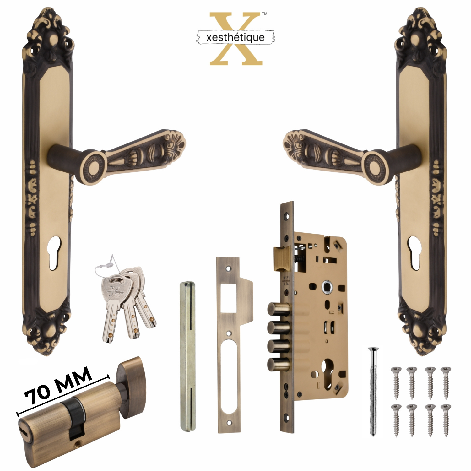 Xesthetique Vintage Brass Mortise Door Lock Set – 10" Handle with Secure 4 Bullet Lock One Side Nobe Ultra Key 70MM/90MM Pin Cylinder AU69