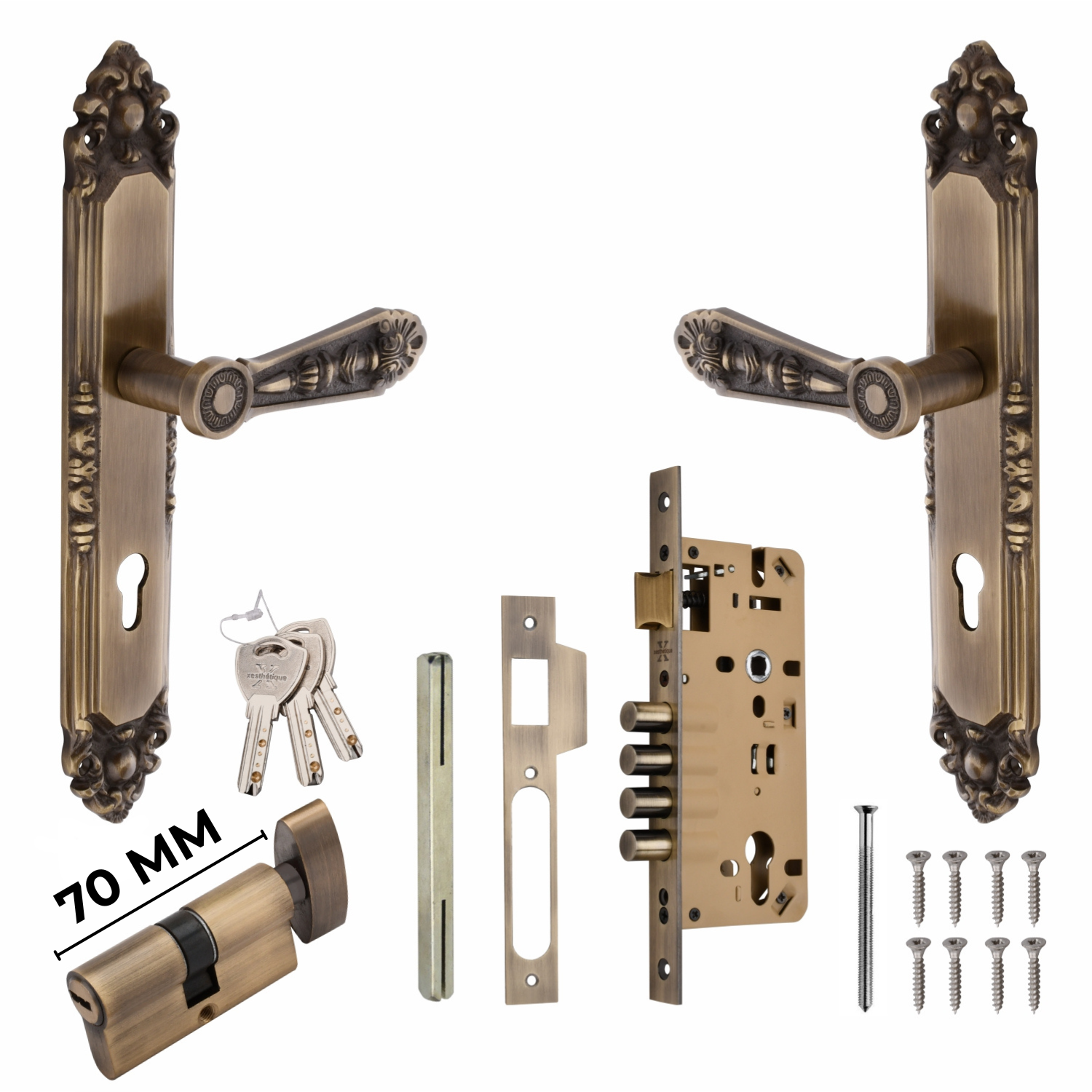 Xesthetique Vintage Brass Mortise Door Lock Set – 10" Handle with Secure 4 Bullet Lock One Side Nobe Ultra Key 70MM/90MM Pin Cylinder AU70