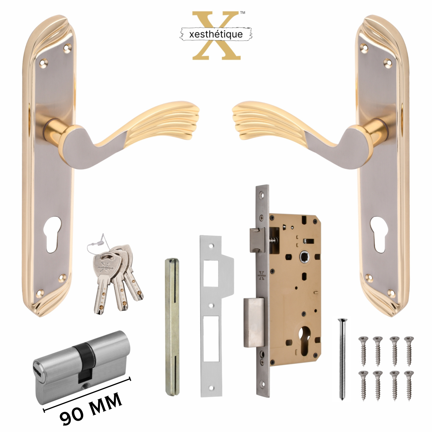Xesthetique Vintage Brass Mortise Door Lock Set – 10" Handle with Secure Both Side Ultra Key 70MM/90MM Pin Cylinder HU28