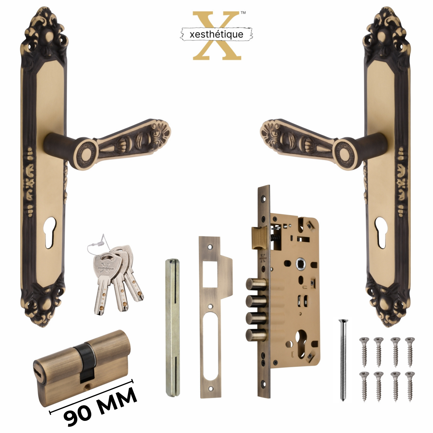 Xesthetique Vintage Brass Mortise Door Lock Set – 10" Handle with Secure 4 Bullet Lock Both Side Ultra Key 70MM/90MM Pin Cylinder AU67