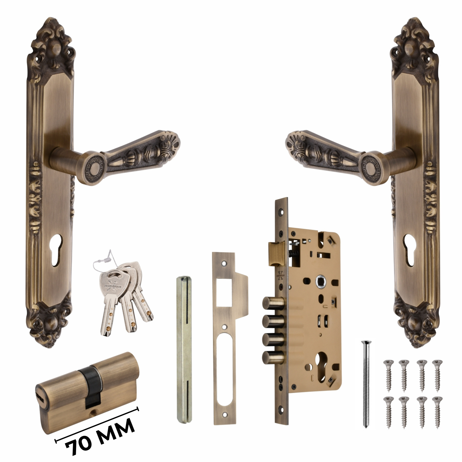 Xesthetique Vintage Brass Mortise Door Lock Set – 10" Handle with Secure 4 Bullet Lock Both Side Ultra Key 70MM/90MM Pin Cylinder AU68