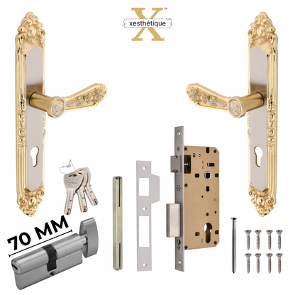 Xesthetique Vintage Brass Mortise Door Lock Set – 10" Handle with Secure One Side Nobe Ultra Key 70MM/90MM Pin Cylinder AU73