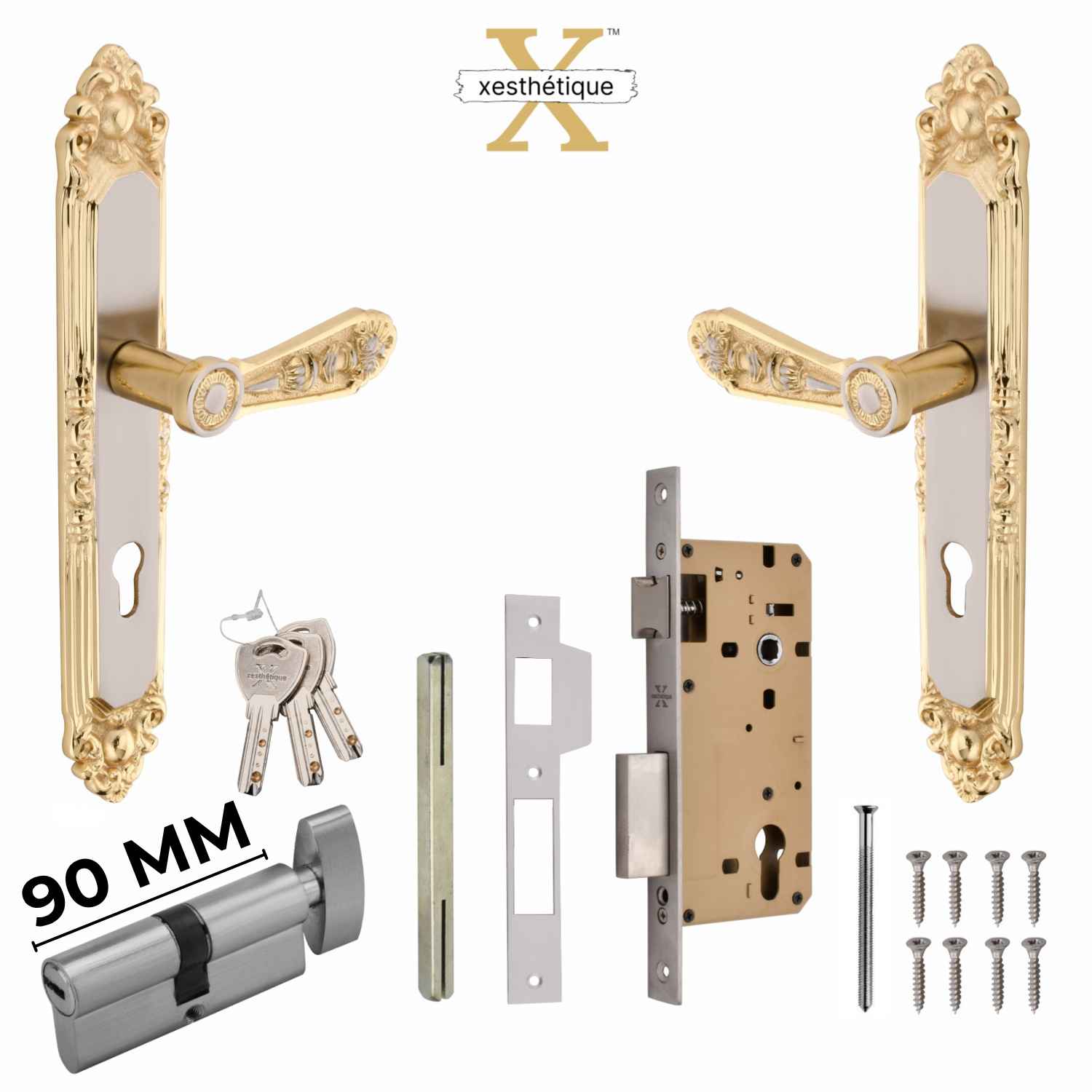 Xesthetique Vintage Brass Mortise Door Lock Set – 10" Handle with Secure One Side Nobe Ultra Key 70MM/90MM Pin Cylinder AU73