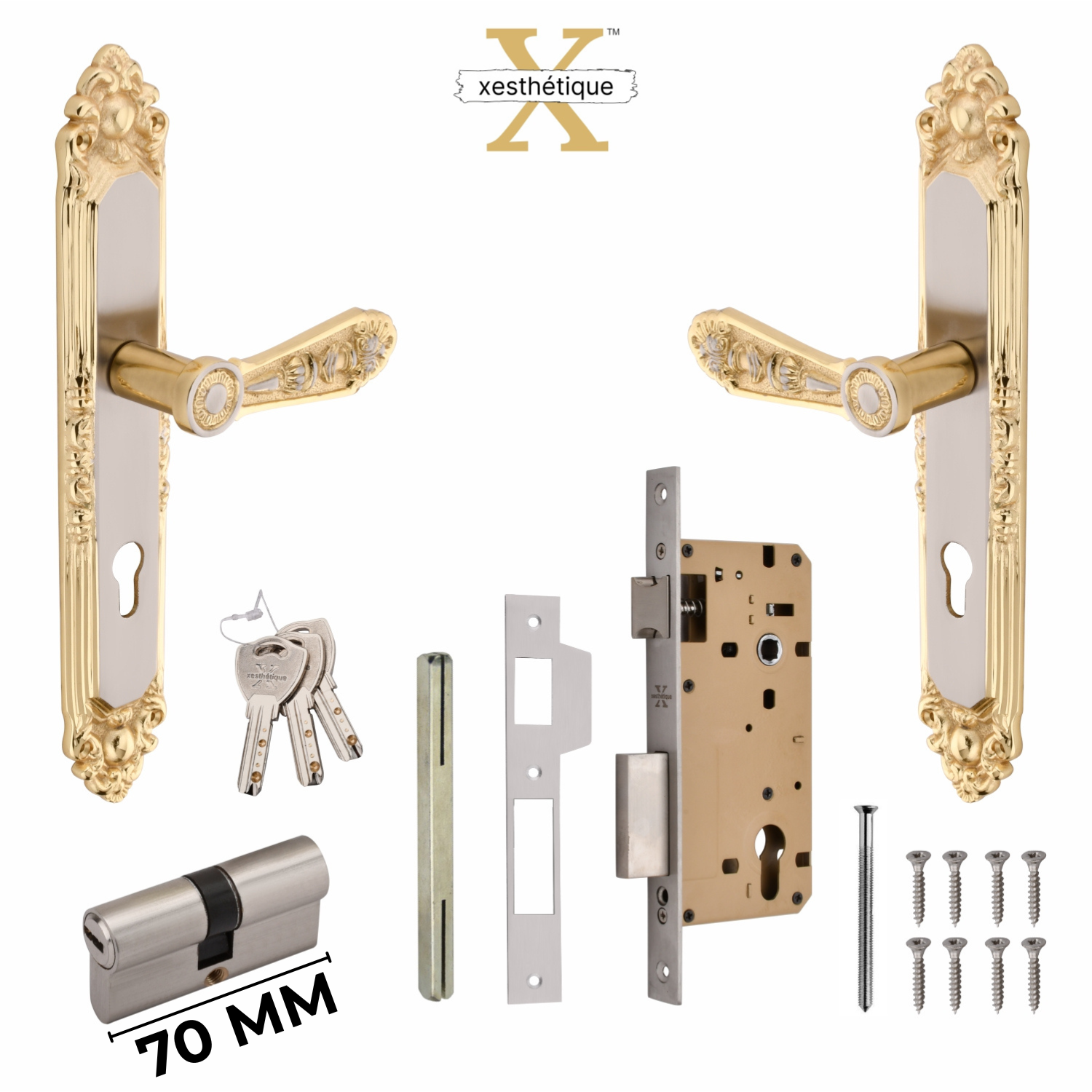 Xesthetique Vintage Brass Mortise Door Lock Set – 10" Handle with Secure Both Side Ultra Key 70MM/90MM Pin Cylinder AU72