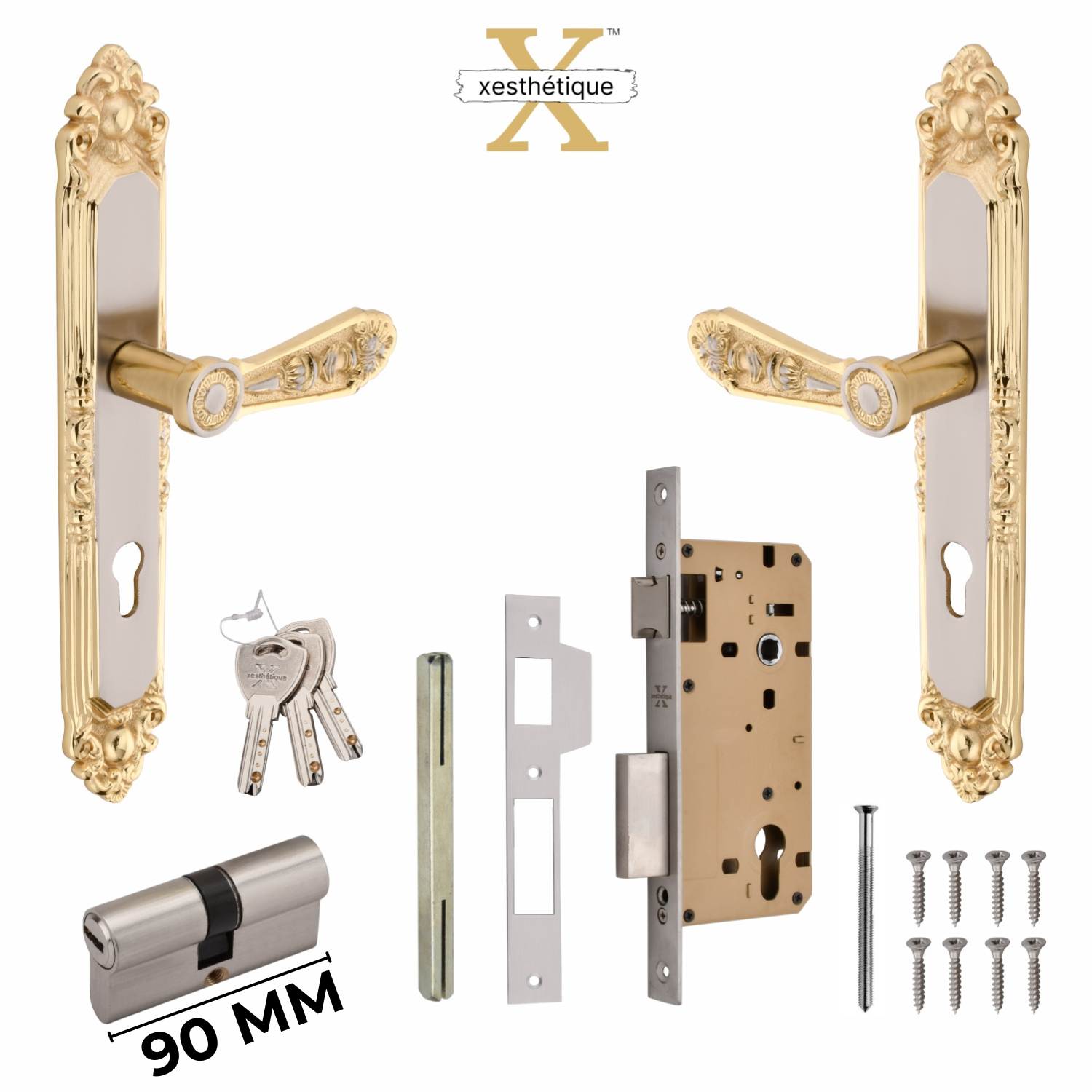 Xesthetique Vintage Brass Mortise Door Lock Set – 10" Handle with Secure Both Side Ultra Key 70MM/90MM Pin Cylinder AU72