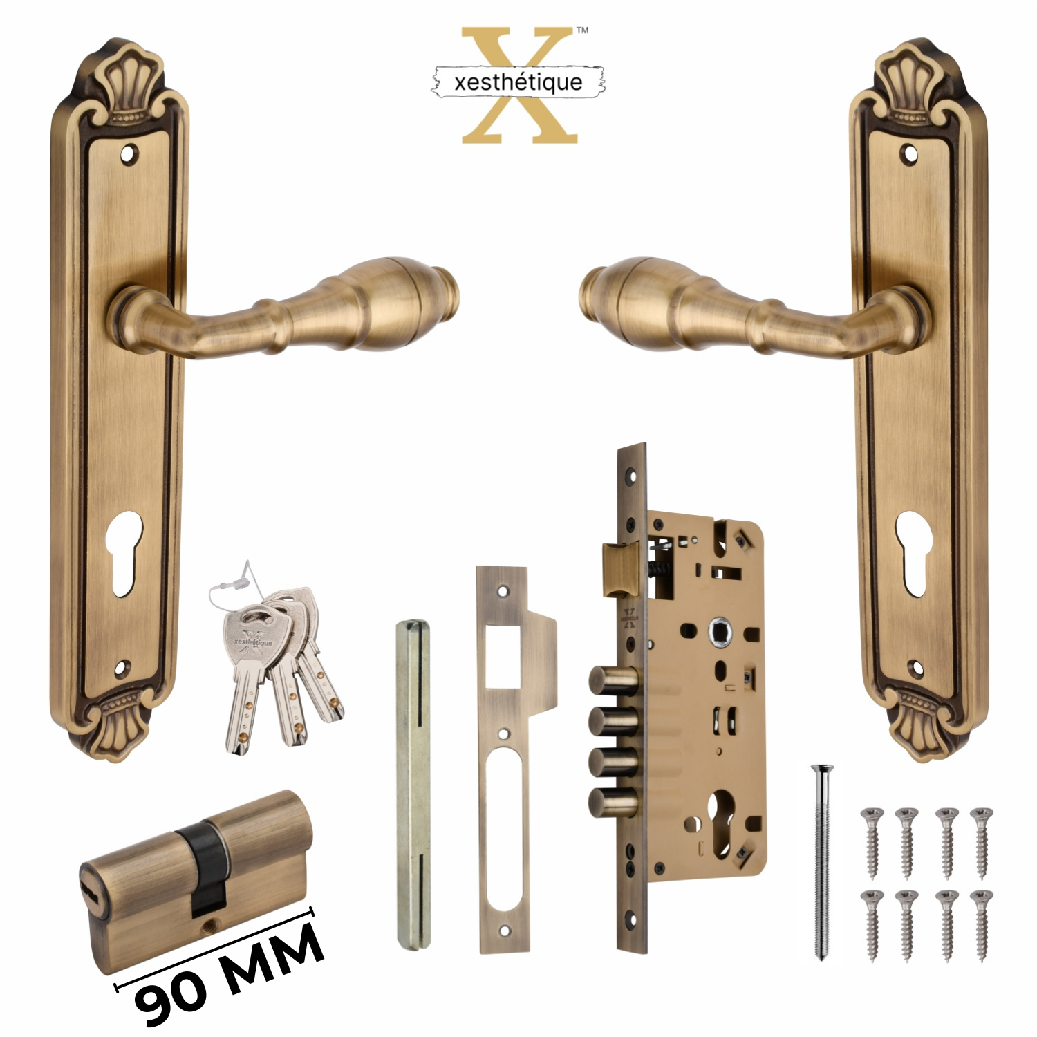Xesthetique Vintage Brass Mortise Door Lock Set – 10" Handle with Secure 4 Bullet Lock Both Side Ultra Key 70MM/90MM Pin Cylinder AUR75