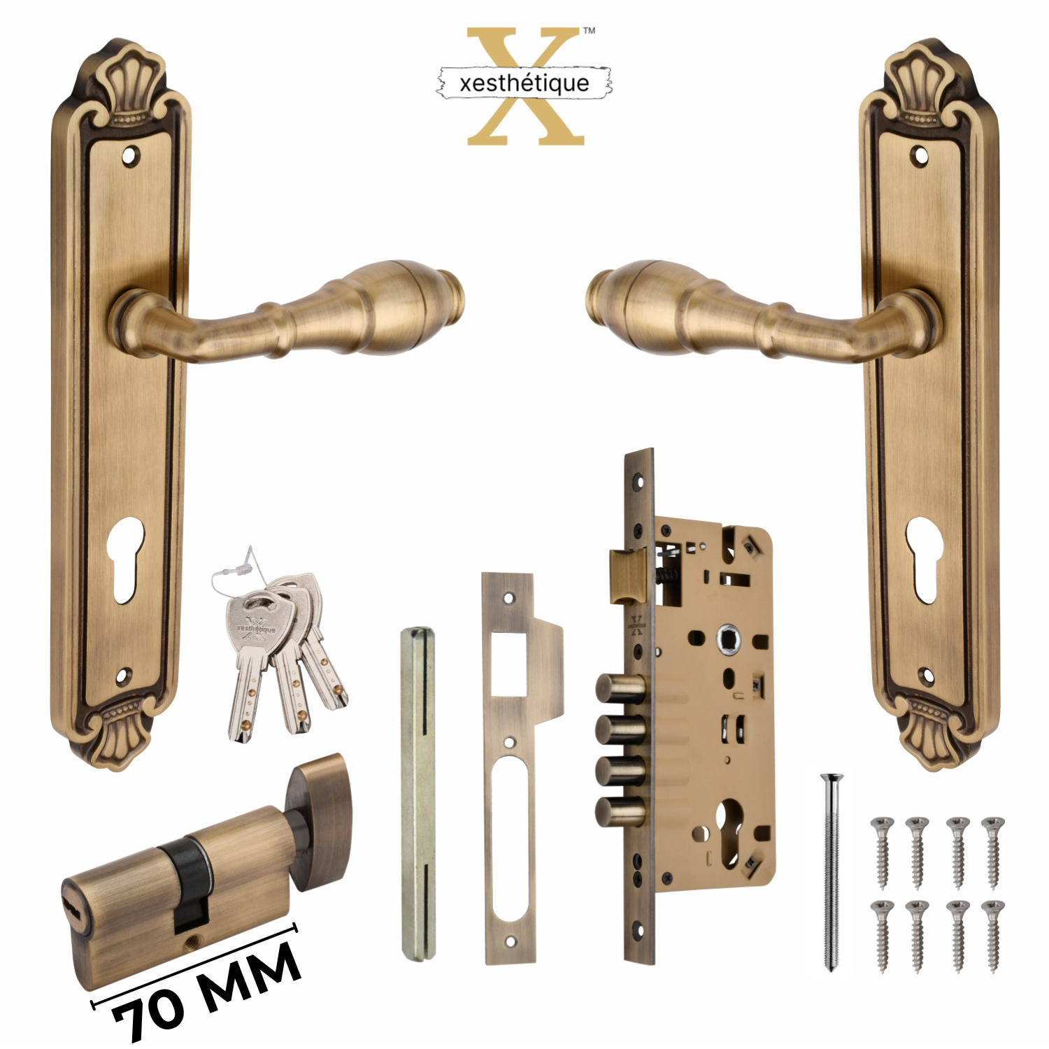 Xesthetique Vintage Brass Mortise Door Lock Set – 10" Handle with Secure 4 Bullet Lock One Side Nobe Ultra Key 70MM/90MM Pin Cylinder AUR76