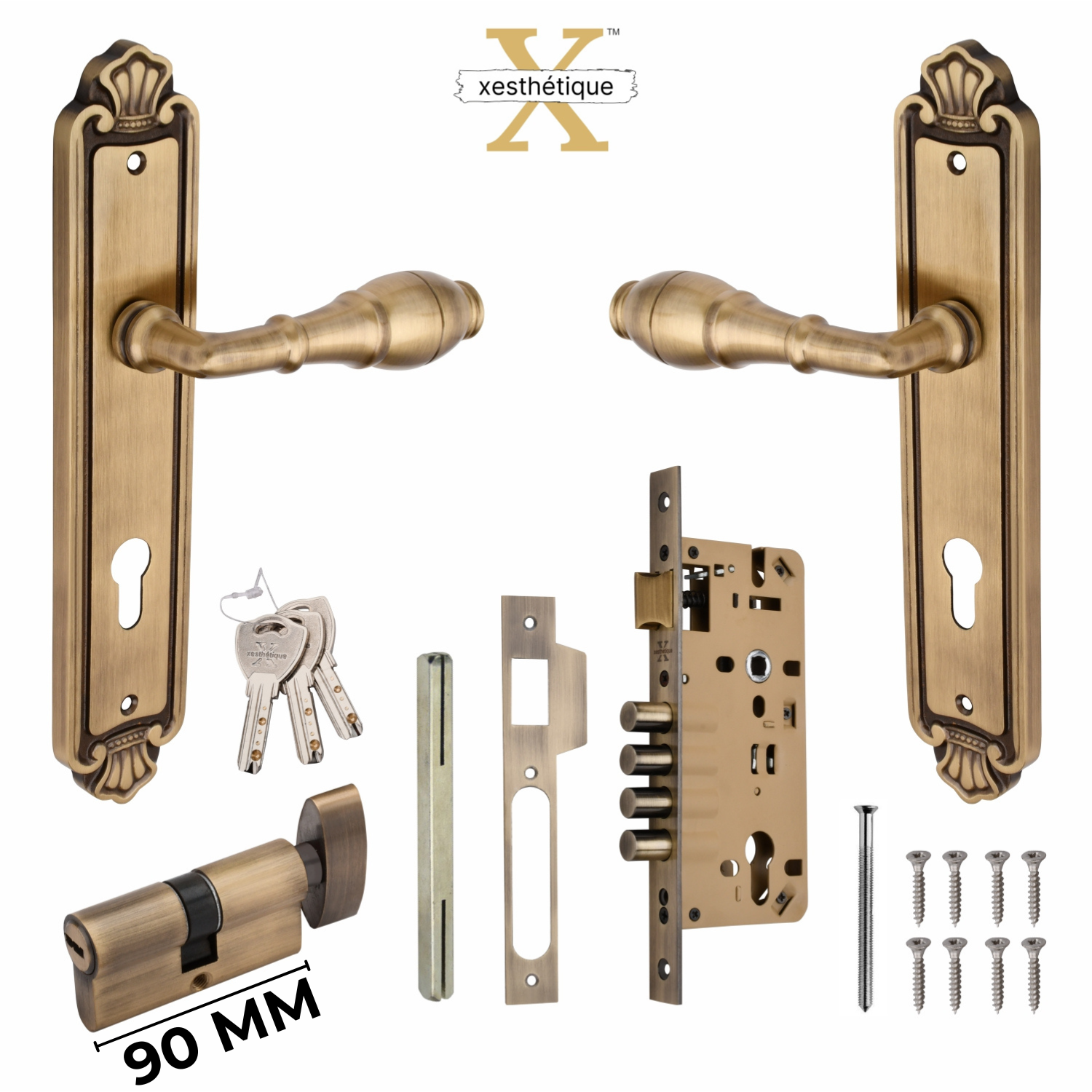 Xesthetique Vintage Brass Mortise Door Lock Set – 10" Handle with Secure 4 Bullet Lock One Side Nobe Ultra Key 70MM/90MM Pin Cylinder AUR76