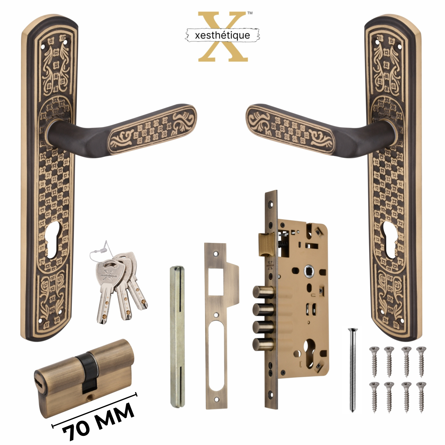 Xesthetique Vintage Brass Mortise Door Lock Set – 10" Handle with Secure 4 Bullet Lock Both Side Ultra Key 70MM/90MM Pin Cylinder BE81