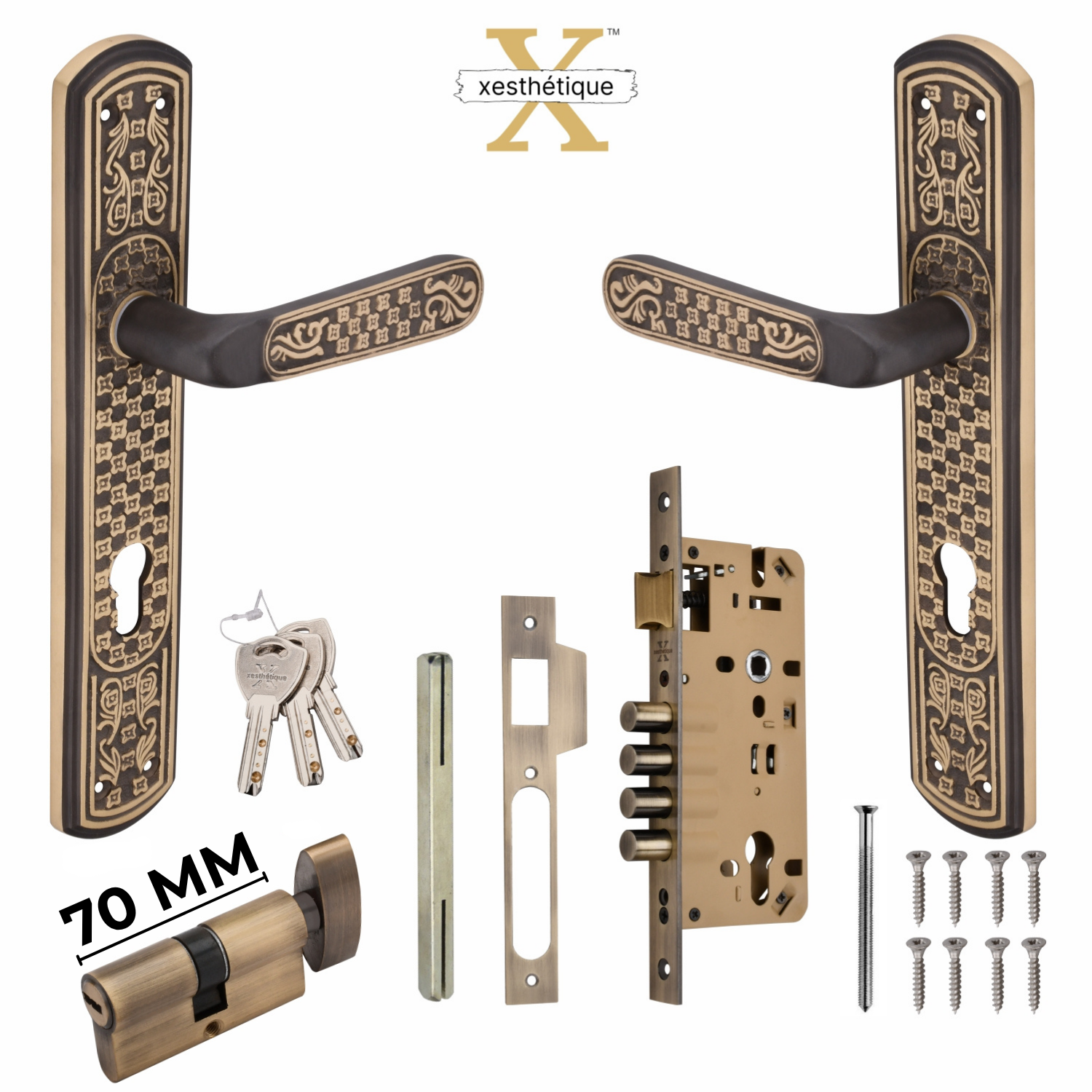 Xesthetique Vintage Brass Mortise Door Lock Set – 10" Handle with Secure 4 Bullet Lock One Side Nobe Ultra Key 70MM/90MM Pin Cylinder BE82
