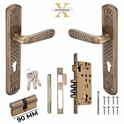 Xesthetique Vintage Brass Mortise Door Lock Set – 10" Handle with Secure 4 Bullet Lock Both Side Ultra Key 70MM/90MM Pin Cylinder BE79